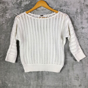 Free People Boomerang White Crochet 3/4 Sleeve Sweater Coastal Boho Size S